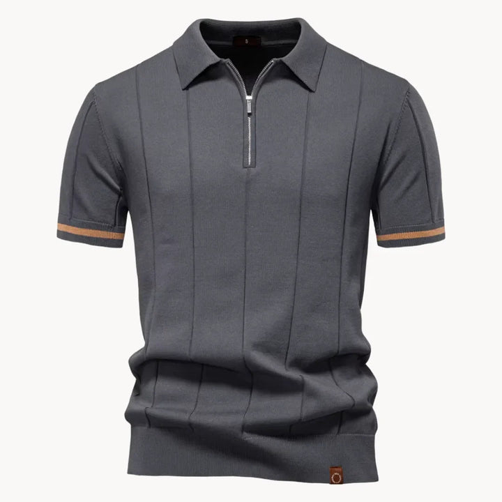 Emerson Zip-Neck Polo with Striped Sleeve Trim
