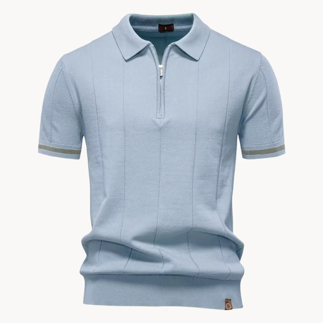Emerson Zip-Neck Polo with Striped Sleeve Trim