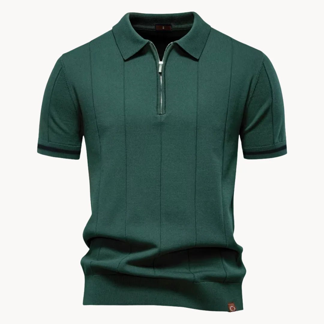 Emerson Zip-Neck Polo with Striped Sleeve Trim