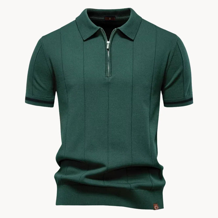 Emerson Zip-Neck Polo with Striped Sleeve Trim