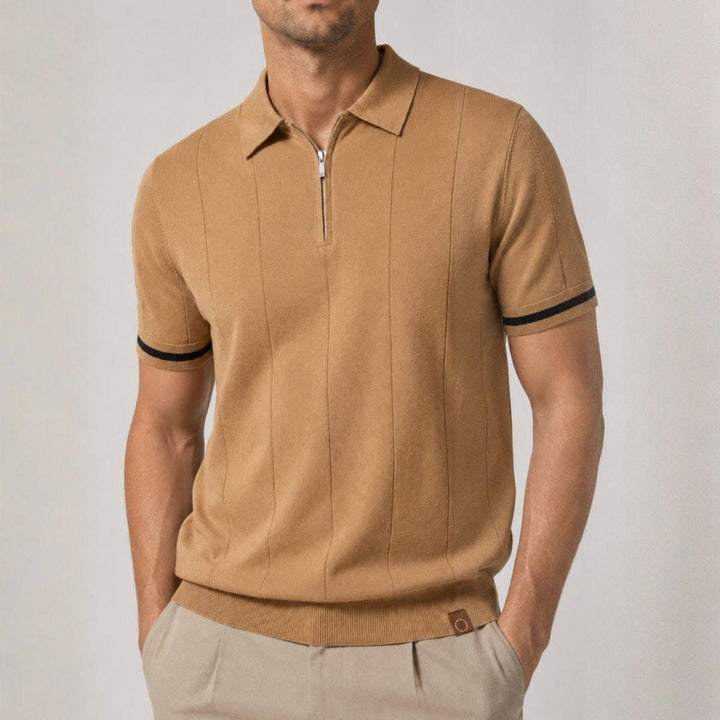 Emerson Zip-Neck Polo with Striped Sleeve Trim