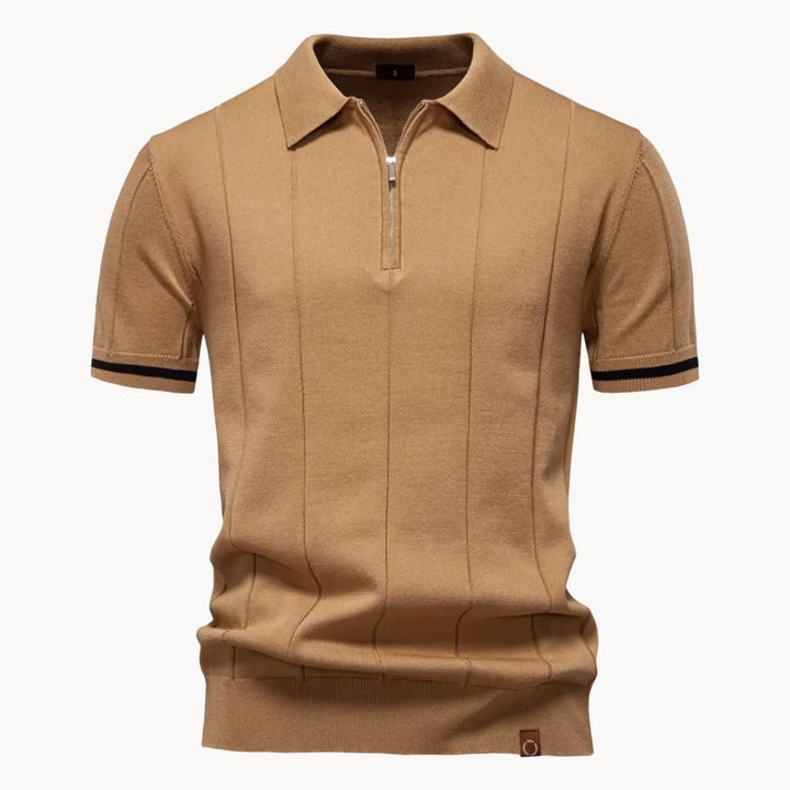 Emerson Zip-Neck Polo with Striped Sleeve Trim
