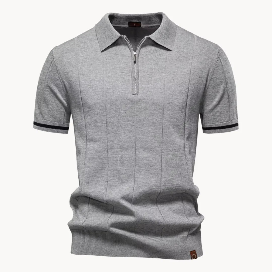 Emerson Zip-Neck Polo with Striped Sleeve Trim