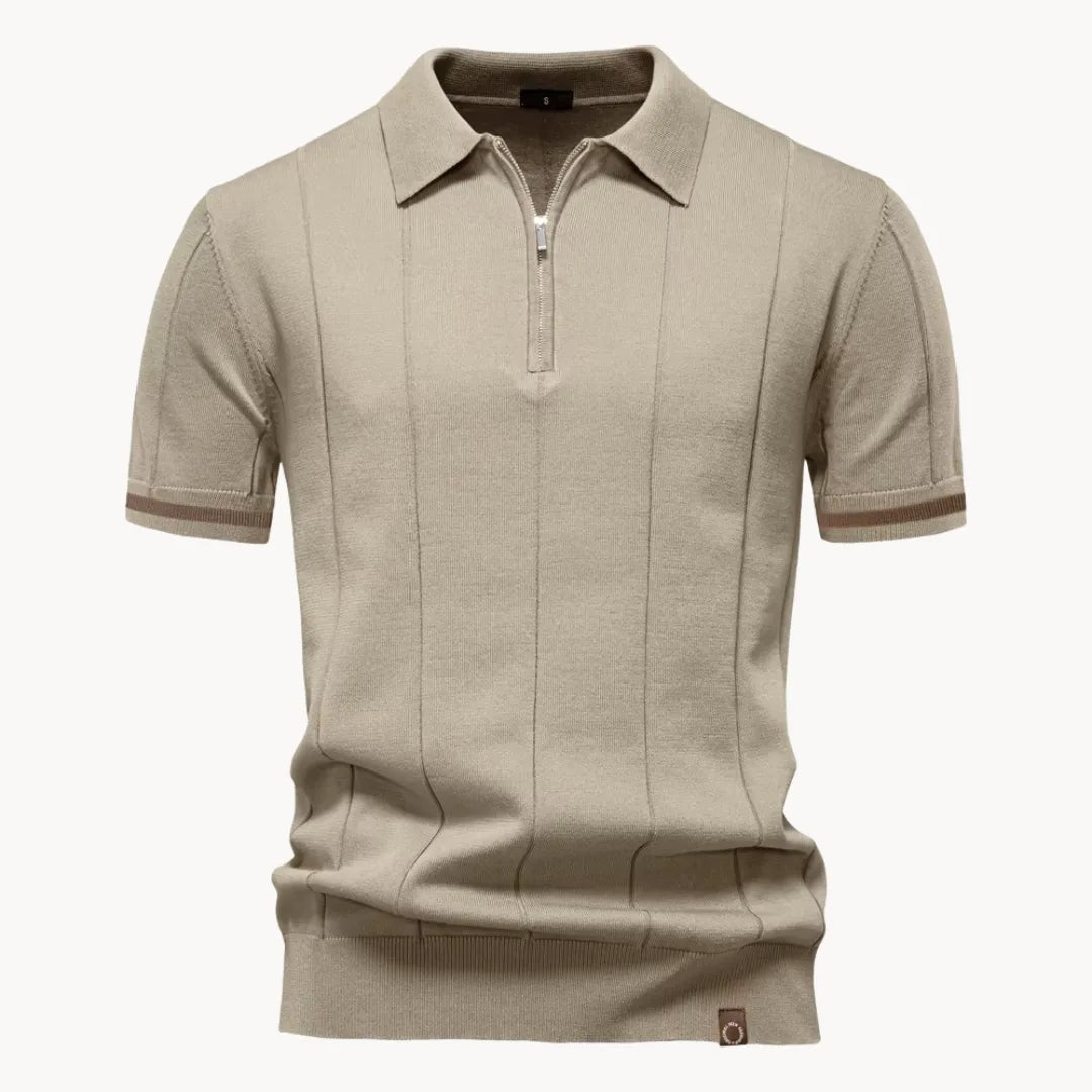 Emerson Zip-Neck Polo with Striped Sleeve Trim