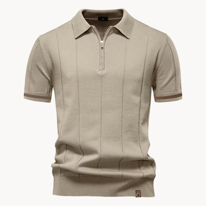 Emerson Zip-Neck Polo with Striped Sleeve Trim