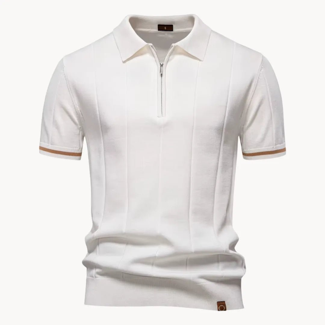 Emerson Zip-Neck Polo with Striped Sleeve Trim