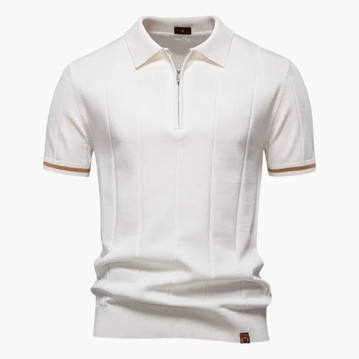 Emerson Zip-Neck Polo with Striped Sleeve Trim