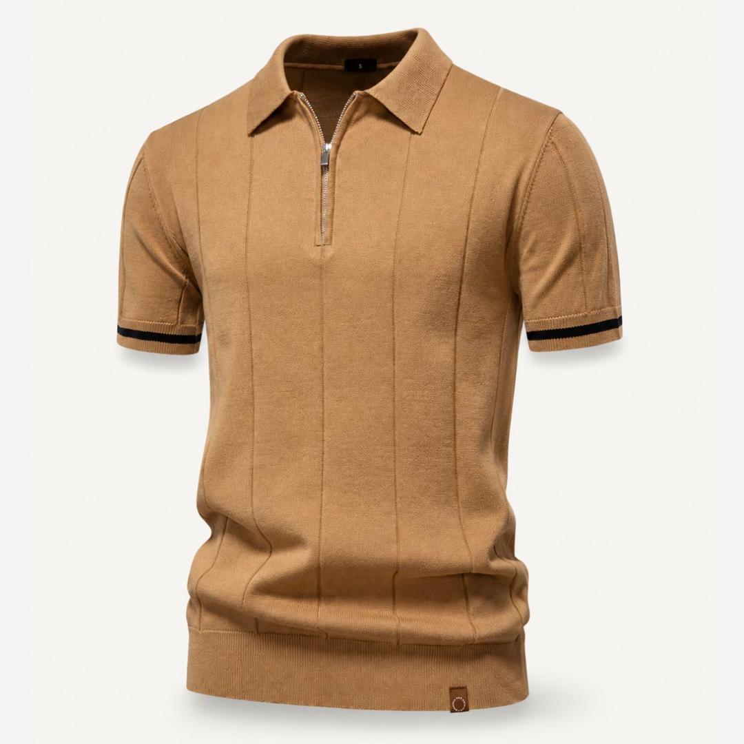Emerson Zip-Neck Polo with Striped Sleeve Trim