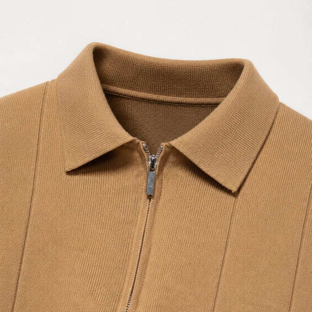 Emerson Zip-Neck Polo with Striped Sleeve Trim