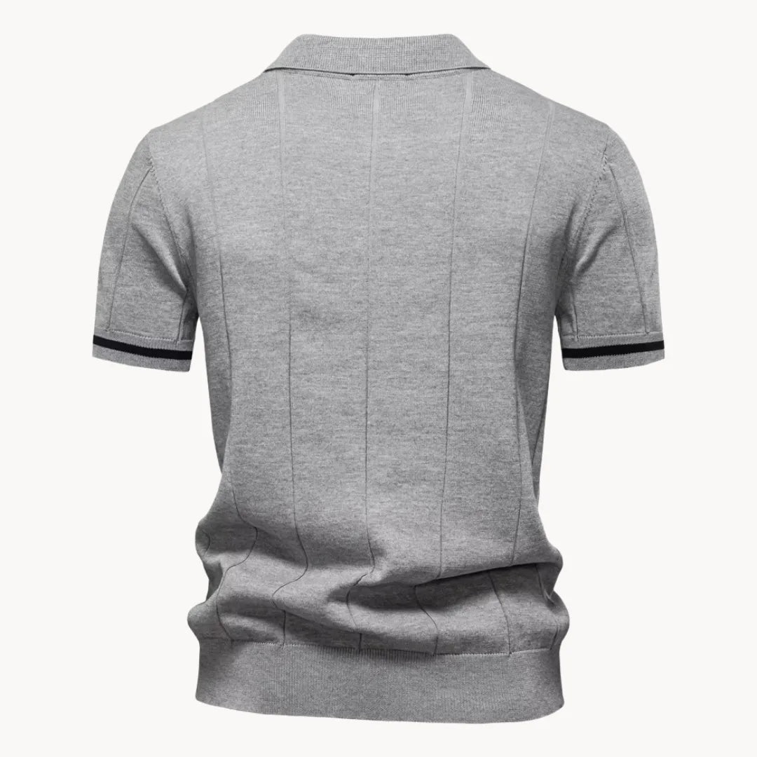 Emerson Zip-Neck Polo with Striped Sleeve Trim