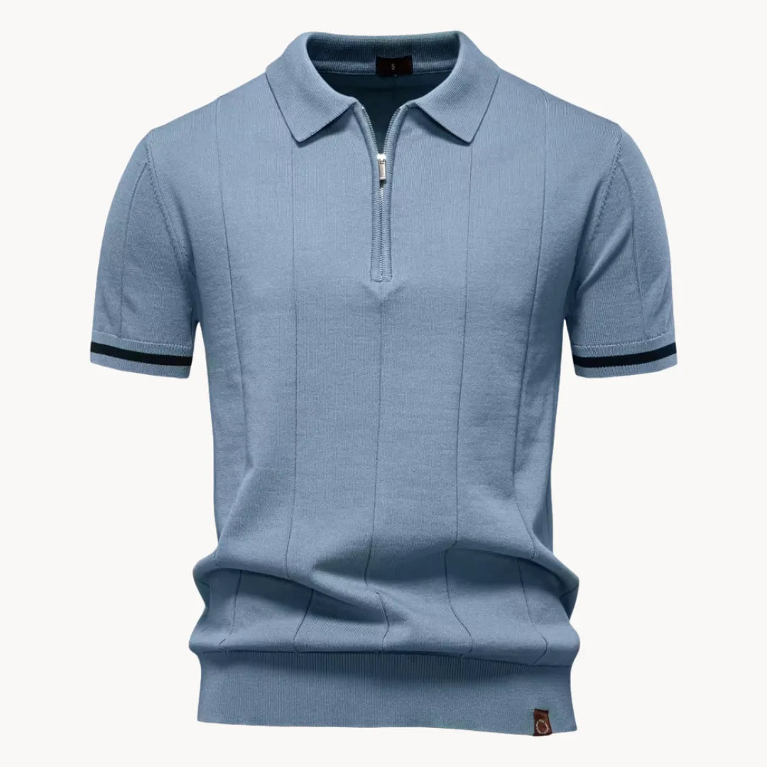 Emerson Zip-Neck Polo with Striped Sleeve Trim