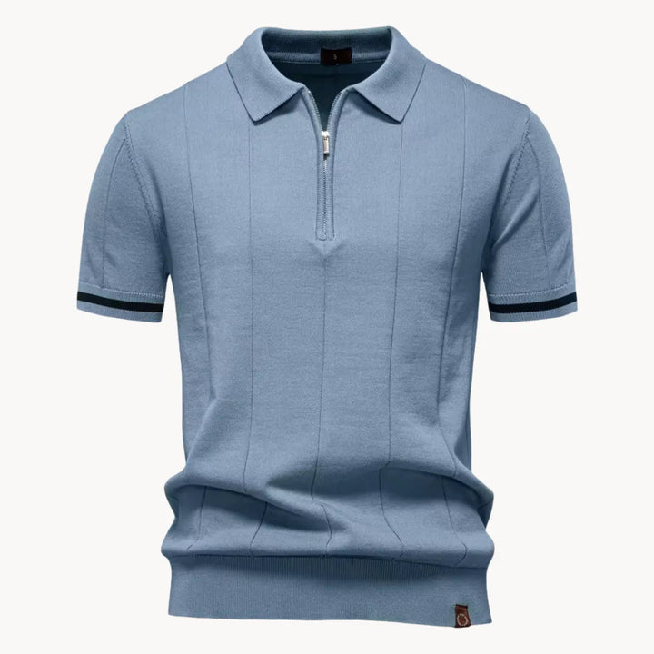 Emerson Zip-Neck Polo with Striped Sleeve Trim