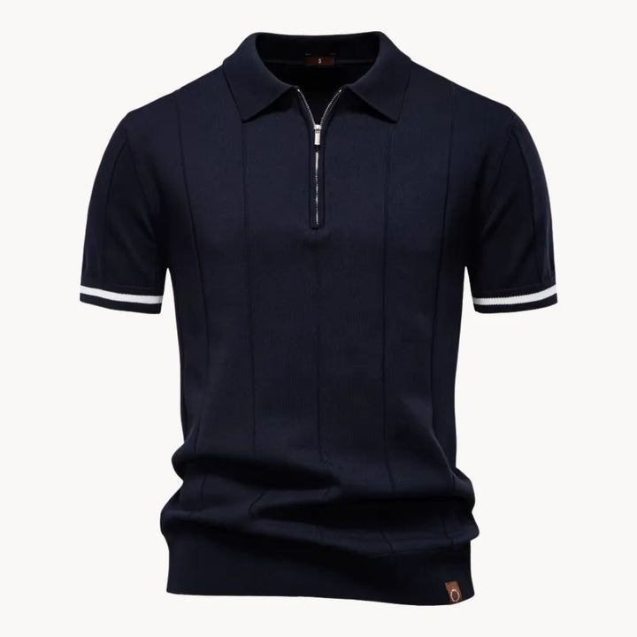 Emerson Zip-Neck Polo with Striped Sleeve Trim