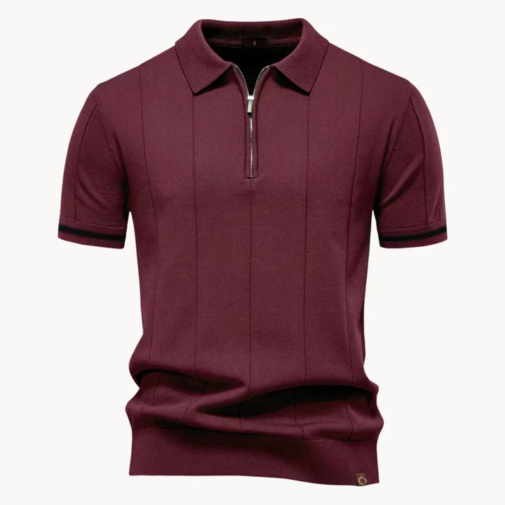 Emerson Zip-Neck Polo with Striped Sleeve Trim