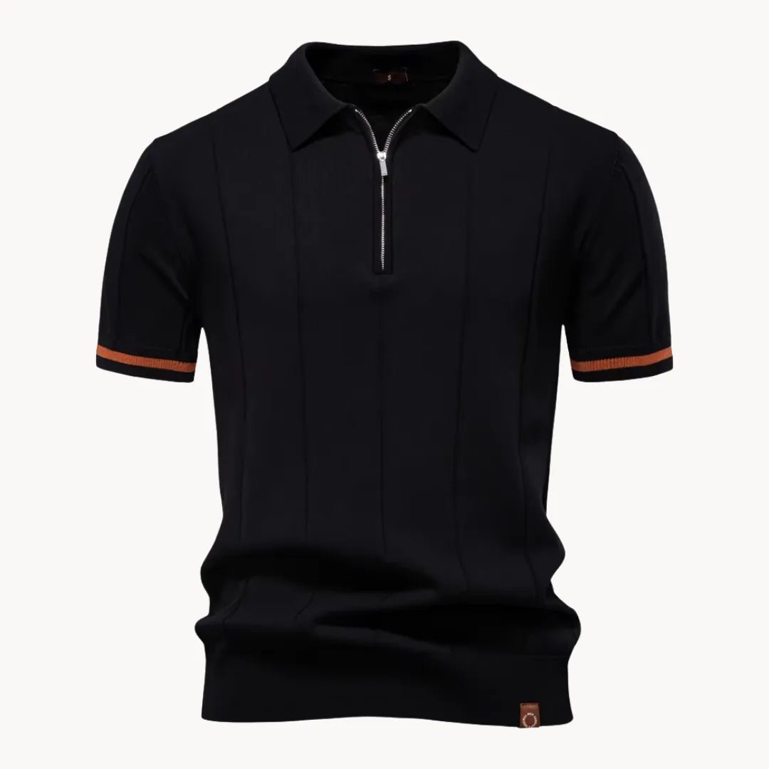 Emerson Zip-Neck Polo with Striped Sleeve Trim