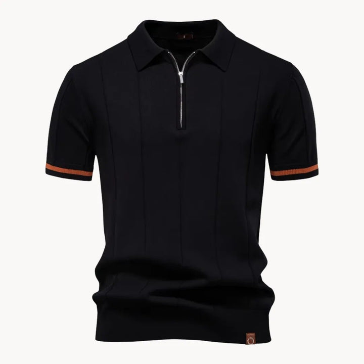 Emerson Zip-Neck Polo with Striped Sleeve Trim