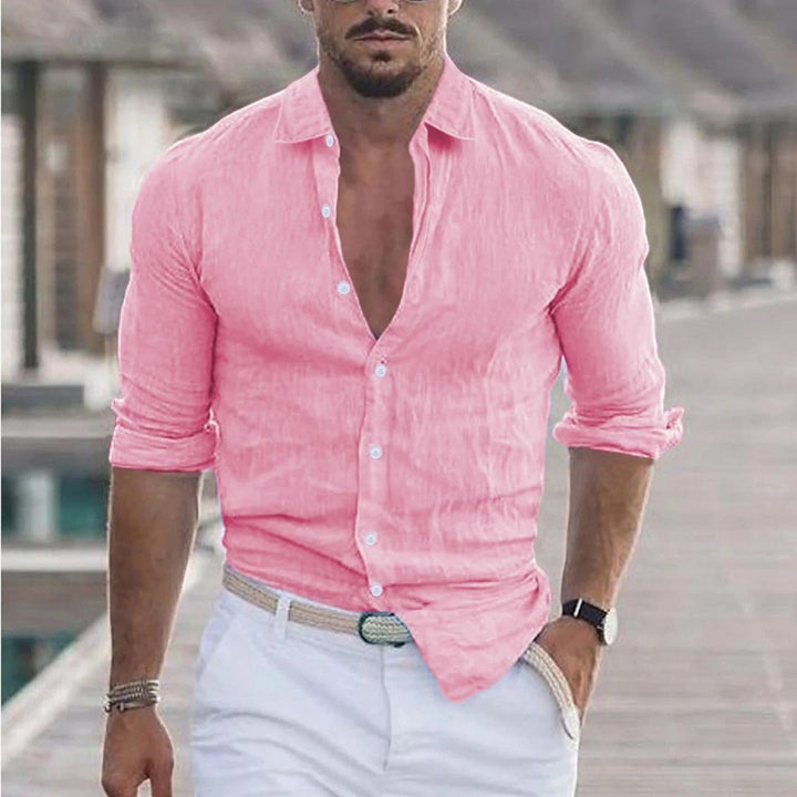 Long Sleeve Linen Button-Up Shirt with Classic Collar