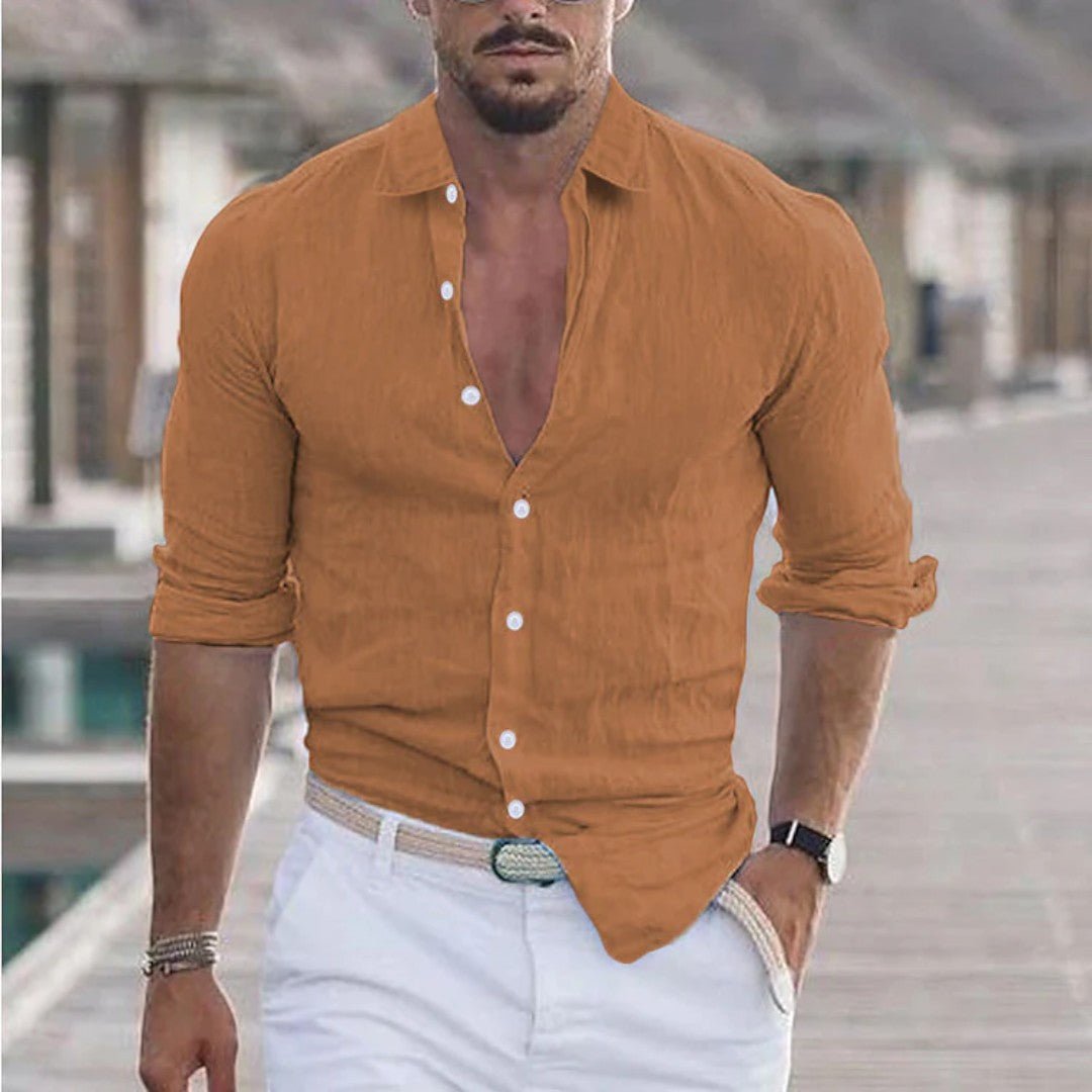 Long Sleeve Linen Button-Up Shirt with Classic Collar