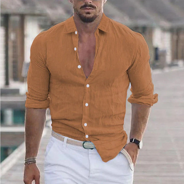 Long Sleeve Linen Button-Up Shirt with Classic Collar