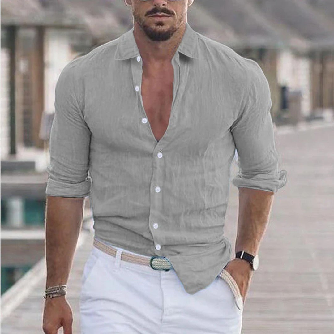 Long Sleeve Linen Button-Up Shirt with Classic Collar