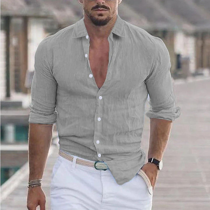 Long Sleeve Linen Button-Up Shirt with Classic Collar