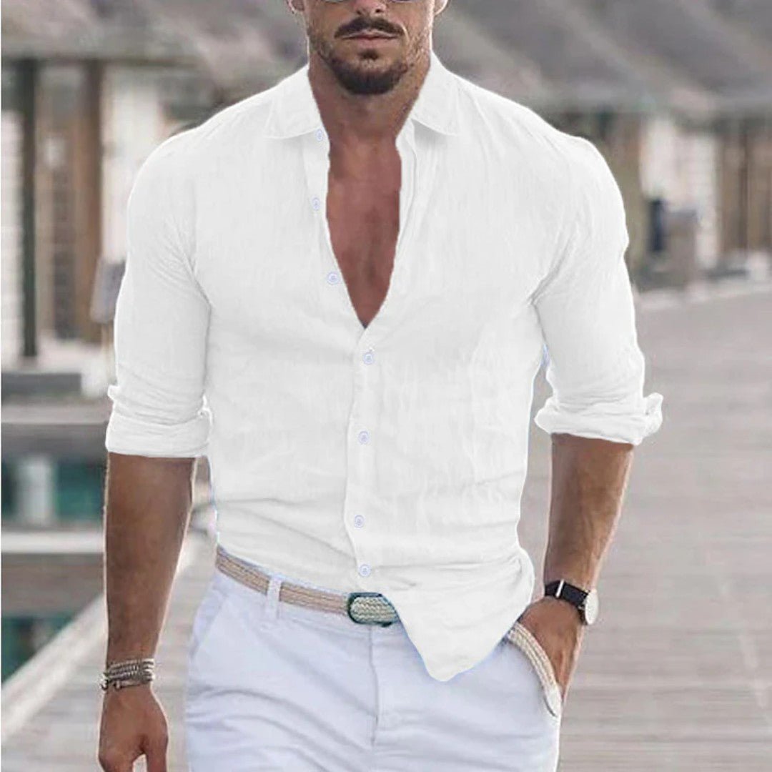 Long Sleeve Linen Button-Up Shirt with Classic Collar