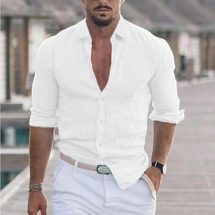 Long Sleeve Linen Button-Up Shirt with Classic Collar