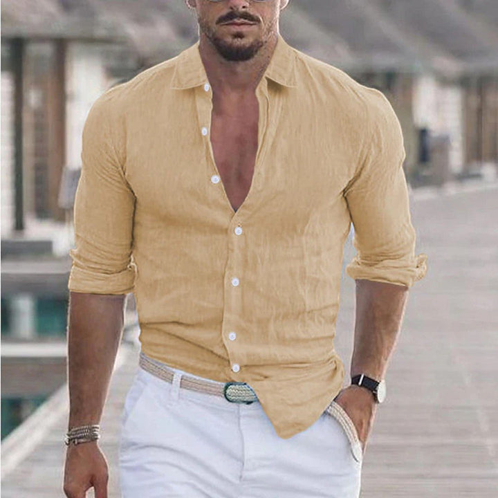 Long Sleeve Linen Button-Up Shirt with Classic Collar