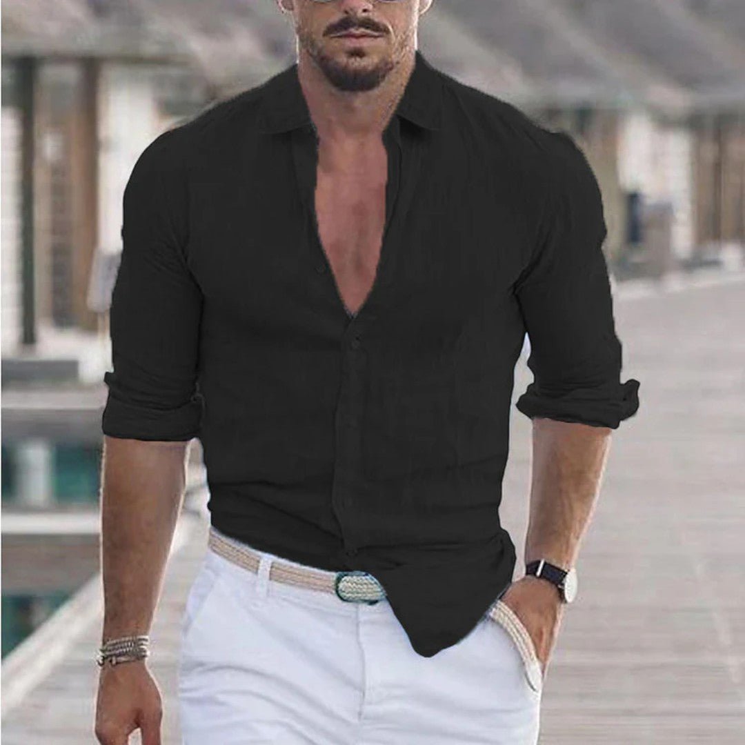 Long Sleeve Linen Button-Up Shirt with Classic Collar