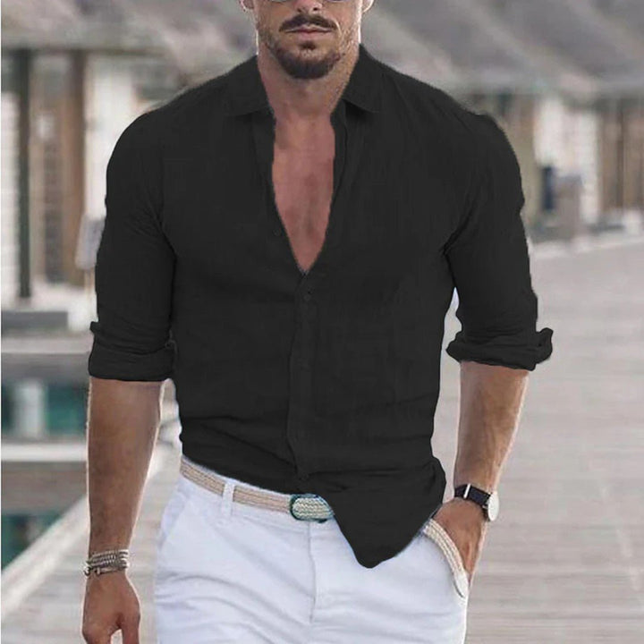 Long Sleeve Linen Button-Up Shirt with Classic Collar