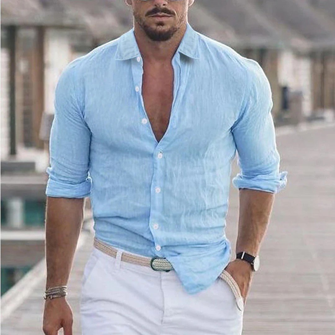 Long Sleeve Linen Button-Up Shirt with Classic Collar