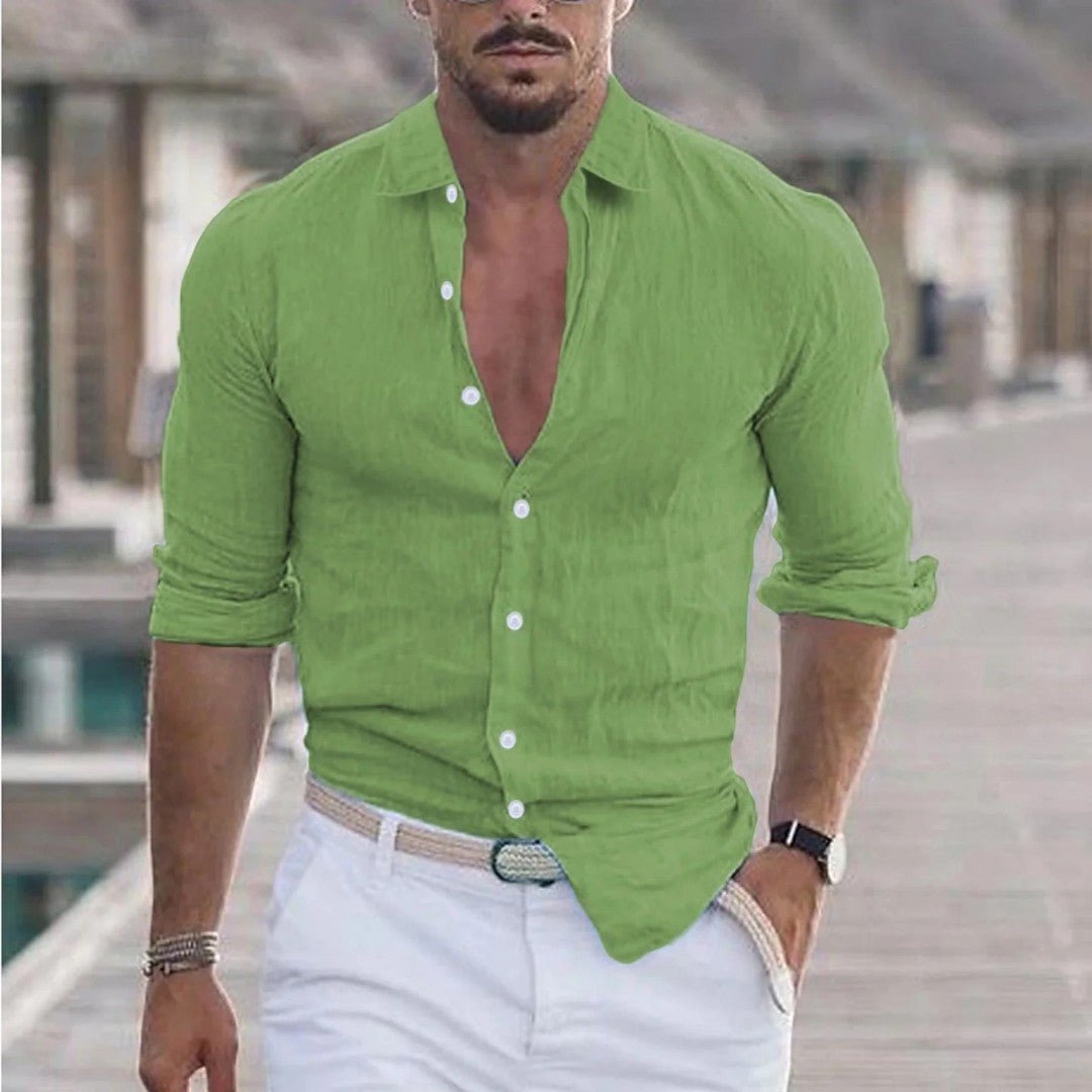 Long Sleeve Linen Button-Up Shirt with Classic Collar