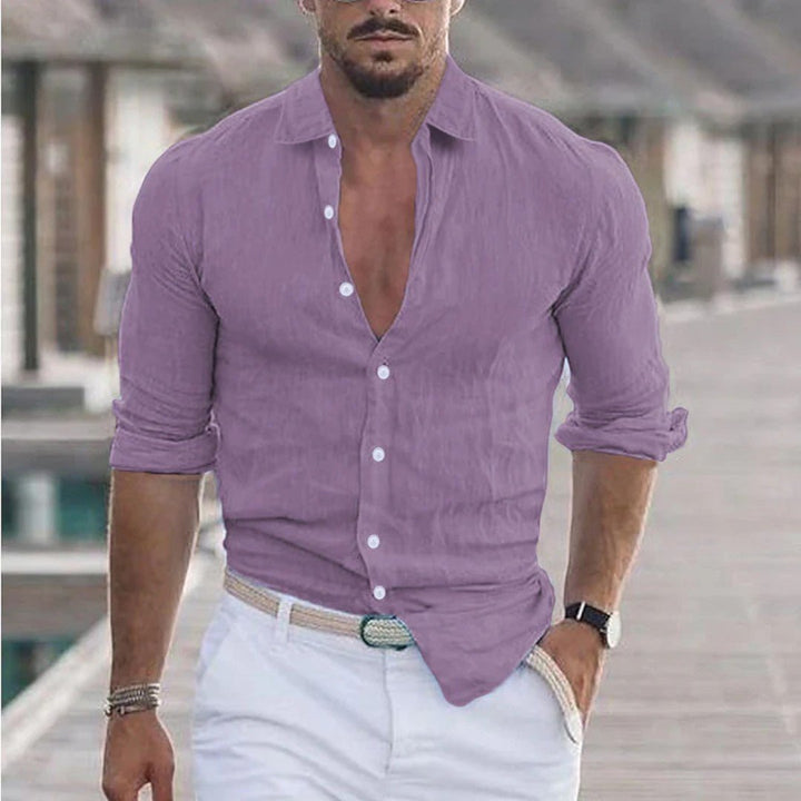 Long Sleeve Linen Button-Up Shirt with Classic Collar