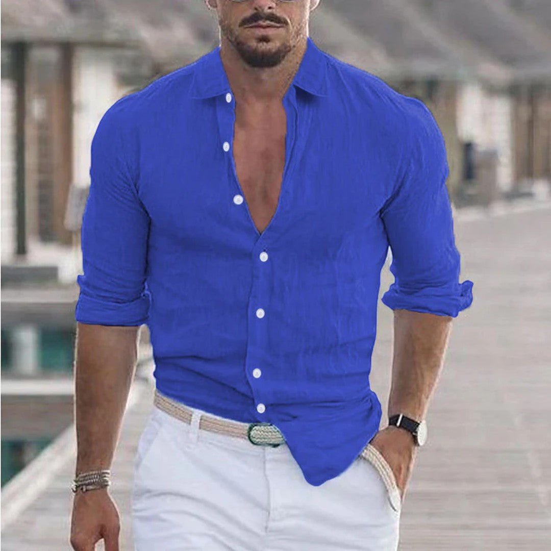 Long Sleeve Linen Button-Up Shirt with Classic Collar