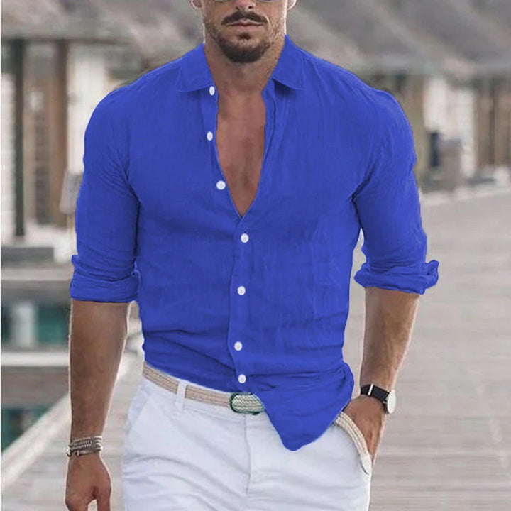 Long Sleeve Linen Button-Up Shirt with Classic Collar