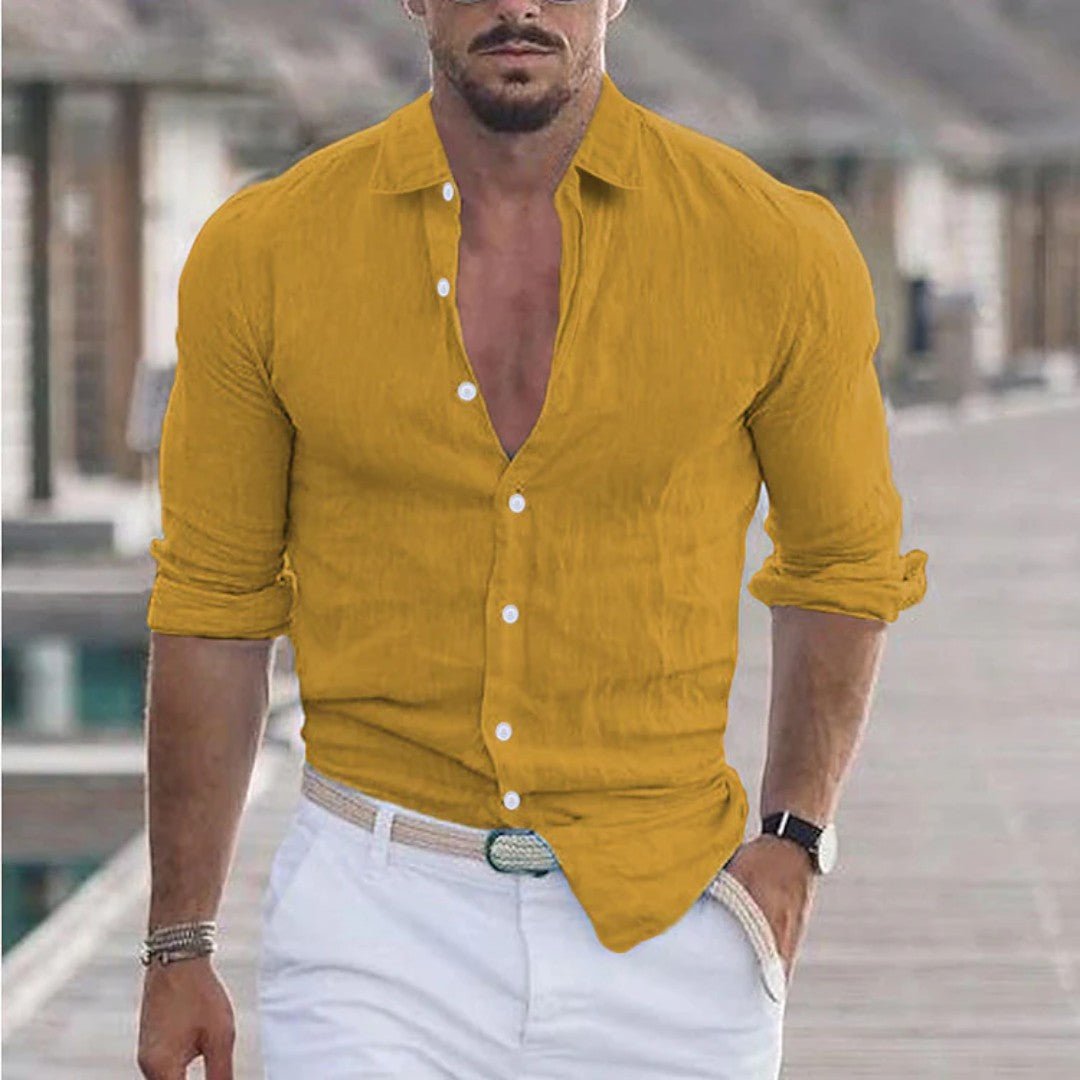 Long Sleeve Linen Button-Up Shirt with Classic Collar