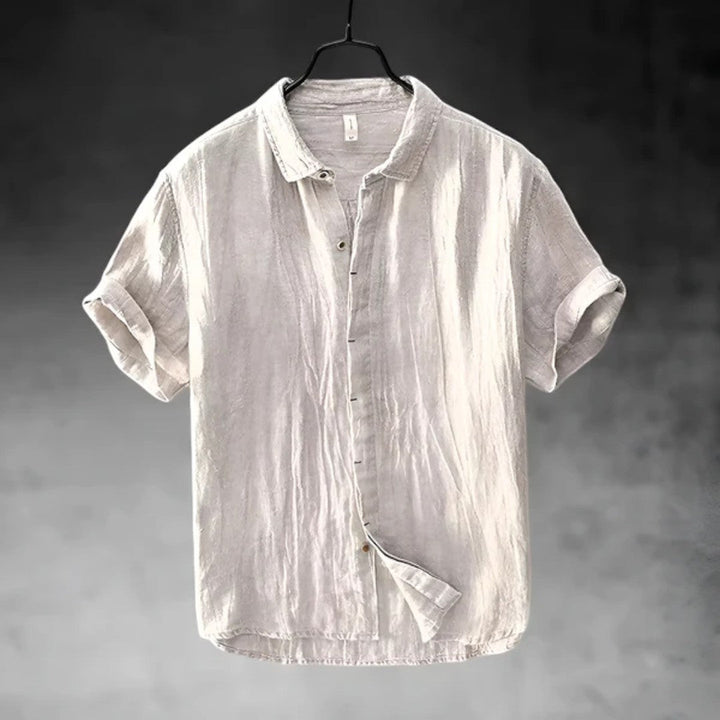 Short Sleeve Linen Button-Up Shirt with Classic Collar