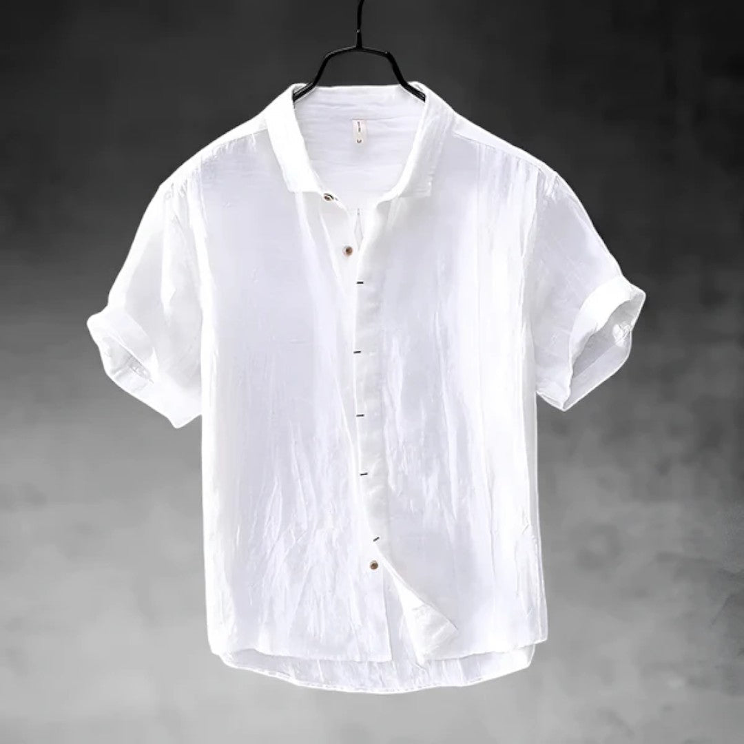 Short Sleeve Linen Button-Up Shirt with Classic Collar