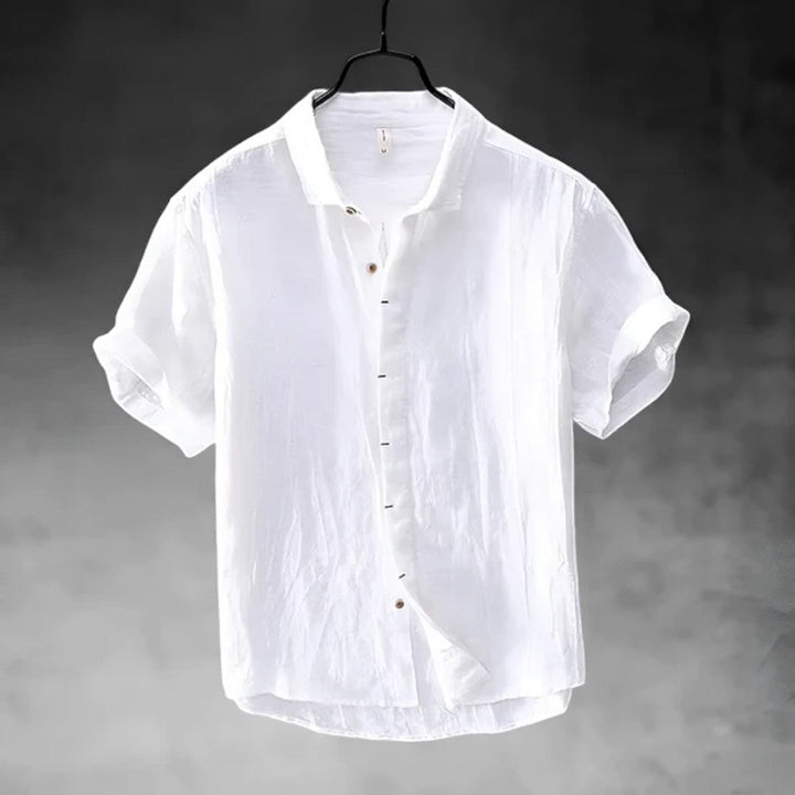 Short Sleeve Linen Button-Up Shirt with Classic Collar